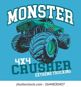 Cartoon monster truck 4x4 road illustration for t-shirt print, Colorful monster truck vector. Art with lettering composition for prints on t-shirts, Monster truck vector logo design inspiration slogan