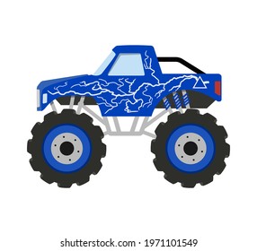 Cartoon monster truck. Big boys car. 4x4 nursery vehicle. Isolated diesel auto. Birthday print. Vector illustration