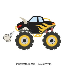 Camión monstruo de caricatura. Gran coche muscular. Vehículo de guardería 4x4. Automóvil de toros de diesel. Ilustración del vector