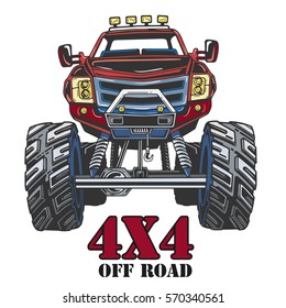 Cartoon Monster Truck. Extreme Sports vector illustration. 4x4. Vehicle SUV Off Road. Can be printed on T-shirts, bags, posters, invitations, cards, phone cases, pillows. Place for your text.