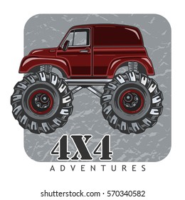 Cartoon Monster Truck. Extreme Sports vector illustration. 4x4. Vehicle SUV Off Road. Can be printed on T-shirts, bags, posters, invitations, cards, phone cases, pillows. Place for your text.