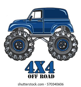 Cartoon Monster Truck. Extreme Sports vector illustration. 4x4. Vehicle SUV Off Road. Can be printed on T-shirts, bags, posters, invitations, cards, phone cases, pillows. Place for your text.