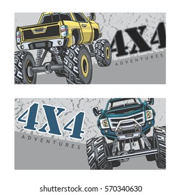 Cartoon Monster Truck. Extreme Sports vector illustration. 4x4. Vehicle SUV Off Road. Can be printed on T-shirts, for brochure, flyer design, template vector.  Place for your text.