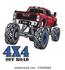 Cartoon Monster Truck. Extreme Sports vector illustration. 4x4. Vehicle SUV Off Road. Can be printed on T-shirts, bags, posters, invitations, cards, phone cases, pillows. Place for your text.