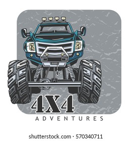 Cartoon Monster Truck. Extreme Sports vector illustration. 4x4. Vehicle SUV Off Road. Can be printed on T-shirts, bags, posters, invitations, cards, phone cases, pillows. Place for your text.