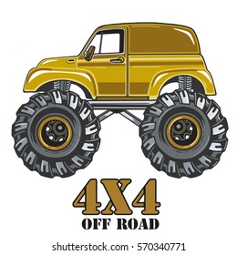 Cartoon Monster Truck. Extreme Sports vector illustration. 4x4. Vehicle SUV Off Road. Can be printed on T-shirts, bags, posters, invitations, cards, phone cases, pillows. Place for your text.