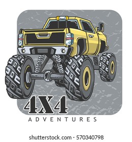 Cartoon Monster Truck. Extreme Sports vector illustration. 4x4. Vehicle SUV Off Road. Can be printed on T-shirts, bags, posters, invitations, cards, phone cases, pillows. Place for your text.