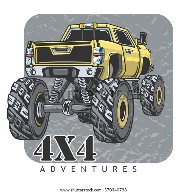 Cartoon\
Monster Truck. Extreme Sports vector illustration. 4x4. Vehicle SUV\
Off Road. Can be printed on T-shirts, bags, posters, invitations,\
cards, phone cases, pillows. Place for your\
text.