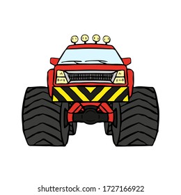 Cartoon monster truck icon. Front view. Hand drawn vector graphic illustration. Isolated object on a white background. Isolate.