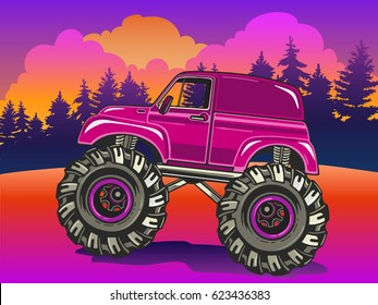 Cartoon Monster Truck on the evening landscape in Pop Art style. Extreme Sports. Adventure, travel, outdoors art symbols. Retro vector illustration. Vehicle SUV Off Road. For  posters, invitations.