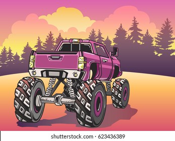 Cartoon Monster Truck on the evening landscape in Pop Art style. Extreme Sports. Adventure, travel, outdoors art symbols. Retro vector illustration. Vehicle SUV Off Road. For  posters, invitations.