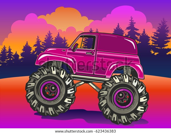 Cartoon Monster Truck on the evening\
landscape in Pop Art style. Extreme Sports. Adventure, travel,\
outdoors art symbols. Retro vector illustration. Vehicle SUV Off\
Road. For  posters,\
invitations.
