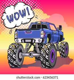 Cartoon Monster Truck in Pop Art style. Extreme Sports. Retro vector illustration. 4x4. Vehicle SUV Off Road. Can be printed on T-shirts, bags, posters, invitations, cards. 