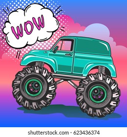 Cartoon Monster Truck in Pop Art style. Extreme Sports. Retro vector illustration. 4x4. Vehicle SUV Off Road. Can be printed on T-shirts, bags, posters, invitations, cards. 