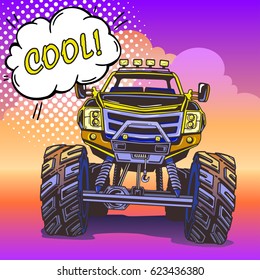 Cartoon Monster Truck in Pop Art style. Extreme Sports. Retro vector illustration. 4x4. Vehicle SUV Off Road. Can be printed on T-shirts, bags, posters, invitations, cards. 