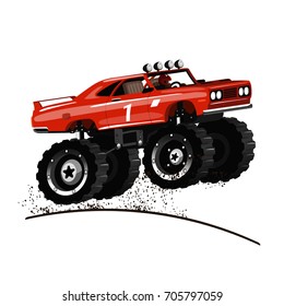 Cartoon Monster Truck. Red racing car