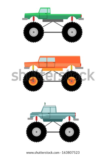 Cartoon\
monster truck silhouette on a white\
background.