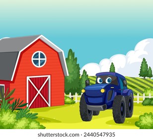 Cartoon monster truck smiling near a red barn