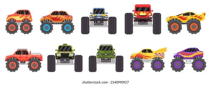 Cartoon monster trucks designs side and front view. Offroad race cars with large wheels and fire. Extreme sport heavy vehicles vector set. Huge auto transport for speed competition