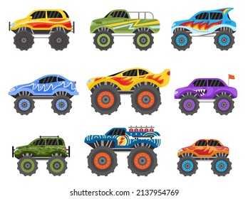 Cartoon monster trucks, extreme offroad race cars. Monstertruck vehicle with flames. Flat children toy truck with big wheel tires vector set. Oversized automobiles with colorful design