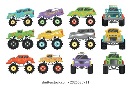 Cartoon monster trucks heavy cars with large tires and black tinted windows set vector flat illustration. Pickup automobile race transportation extreme sport speed driving with bright ornament