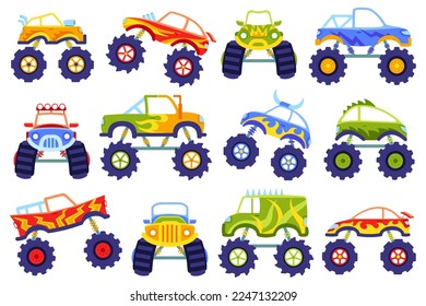 Cartoon monster trucks. Kids cars with big wheels, extreme race truck and heavy vehicles vector Illustration set. Toy transport with large tires for children. Power engines childish autos