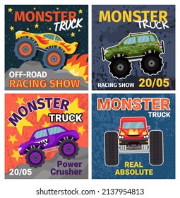 Cartoon monster trucks t shirt print designs and posters. Grunge cool extreme offroad race cars. Racing show heavy truck banners vector set. Power crusher, heavy oversized pickup competition