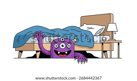 A cartoon monster is under the bed, reaching out with a clawed hand.