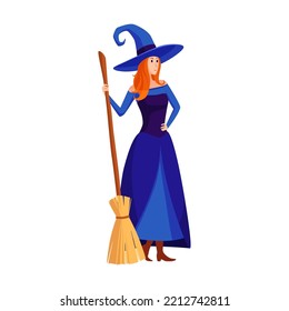 Cartoon monster and warrior vector illustration. Witch with broom isolated on white background. Computer game, fantasy, fairy tale concept