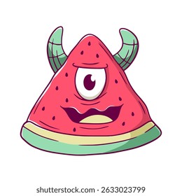 Cartoon monster watermelon. The monster has horns and an eye on its forehead