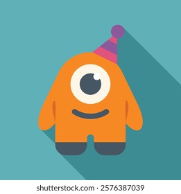 Cartoon monster wearing birthday hat celebrating party with long shadow on turquoise background 