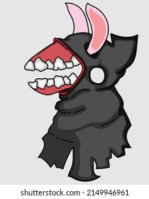 cartoon monster wearing a black cloak that has bunny ears and sharp teeth