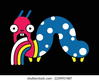 A cartoon monster who is sick of a rainbow. Cute and funny caterpillar-like creature in trippy style. Vector illustration on a black background.