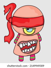 cartoon monster whose head is tied with a red ribbon with its mouth on its stomach