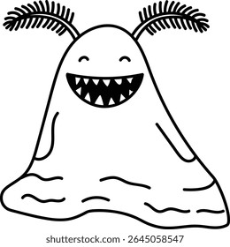 Um monstro de desenho animado com um sorriso largo e antenas em um estilo de desenho divertido. A criatura tem uma expressão feliz e linhas onduladas em seu corpo. Ilustração de vetor de desenhos animados.