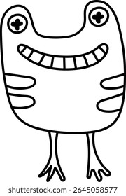 A cartoon monster with a wide grin and button eyes in a playful line art style. The creature has striped arms and webbed feet, exuding a quirky charm. Cartoon vector illustration.