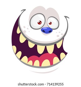 Cartoon Monster Yeti Face Isolated On White. Vector Halloween White Happy Monster Square Avatar. Troll Or Goblin Face Cartoon