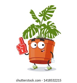 cartoon monstera plant in a pot character mascot with the number 1 one sports fan hand glove on a white background