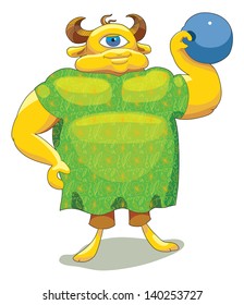 Cartoon monster-heavyweght in green skirt raising weight