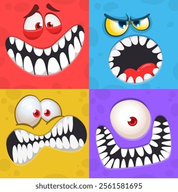 Cartoon monsters and aliens faces set with funny expressions and  opened mouth blank space for text . Great for package design or party decoration. Vector isolated.