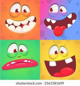 Cartoon monsters and aliens faces set with funny expressions and  opened mouth blank space for text . Great for package design or party decoration. Vector isolated.