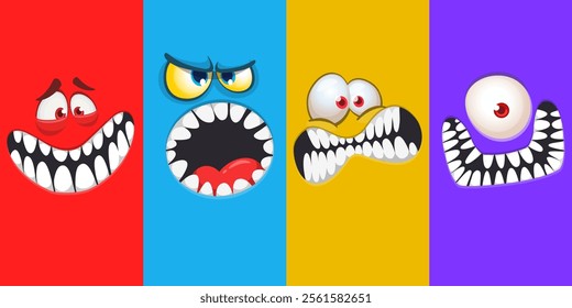 Cartoon monsters and aliens faces set with funny expressions and  opened mouth blank space for text . Great for package design or party decoration. Vector isolated.