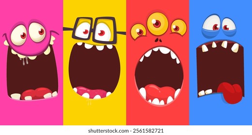 Cartoon monsters and aliens faces set with funny expressions and  opened mouth blank space for text . Great for package design or party decoration. Vector isolated.