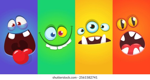 Cartoon monsters and aliens faces set with funny expressions and  opened mouth blank space for text . Great for package design or party decoration. Vector isolated.