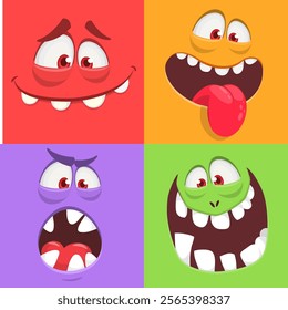 Cartoon monsters and aliens faces set with funny expressions and  opened mouth blank space for text . Great for package design or party decoration. Vector isolated.