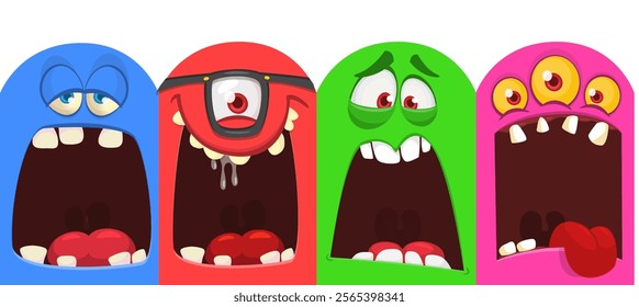 Cartoon monsters and aliens faces set with funny expressions and  opened mouth blank space for text . Great for package design or party decoration. Vector isolated.