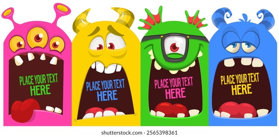 Cartoon monsters and aliens faces set with funny expressions and  opened mouth blank space for text . Great for package design or party decoration. Vector isolated.