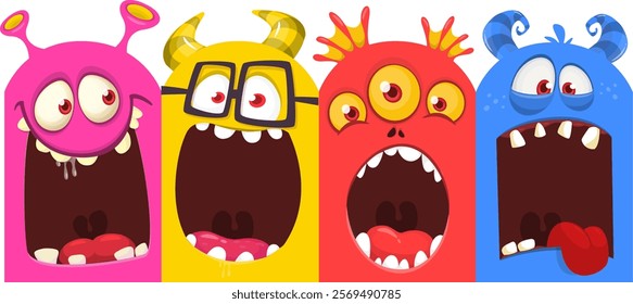 Cartoon monsters and aliens faces set with funny expressions and  opened mouth blank space for text . Great for package design or party decoration. Vector isolated.