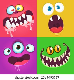 Cartoon monsters and aliens faces set with funny expressions and  opened mouth blank space for text . Great for package design or party decoration. Vector isolated.