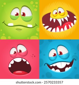 Cartoon monsters and aliens faces set with funny expressions and  opened mouth blank space for text . Great for package design or party decoration. Vector isolated.